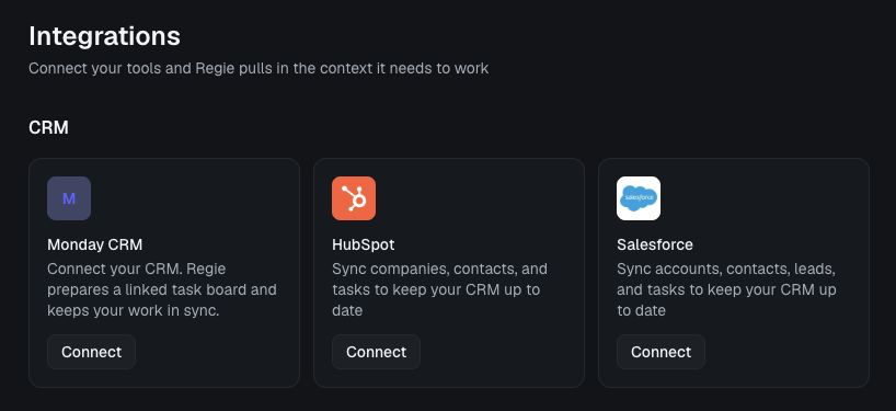 The Integrations screen shows a HubSpot card with a Connect button in the CRM section.